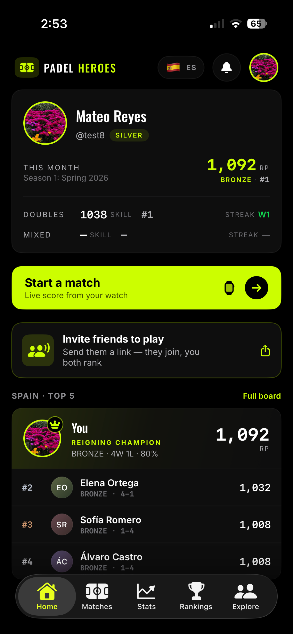 Padel Heroes home screen