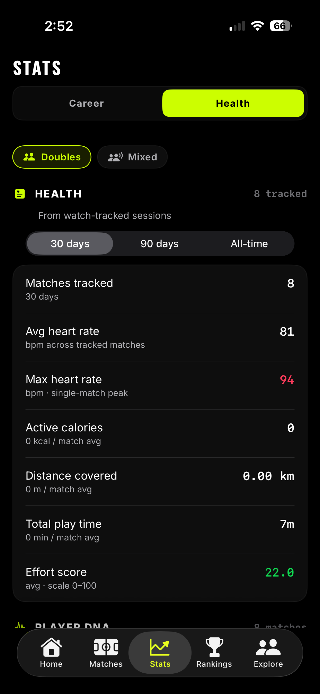 Padel Heroes health stats screen