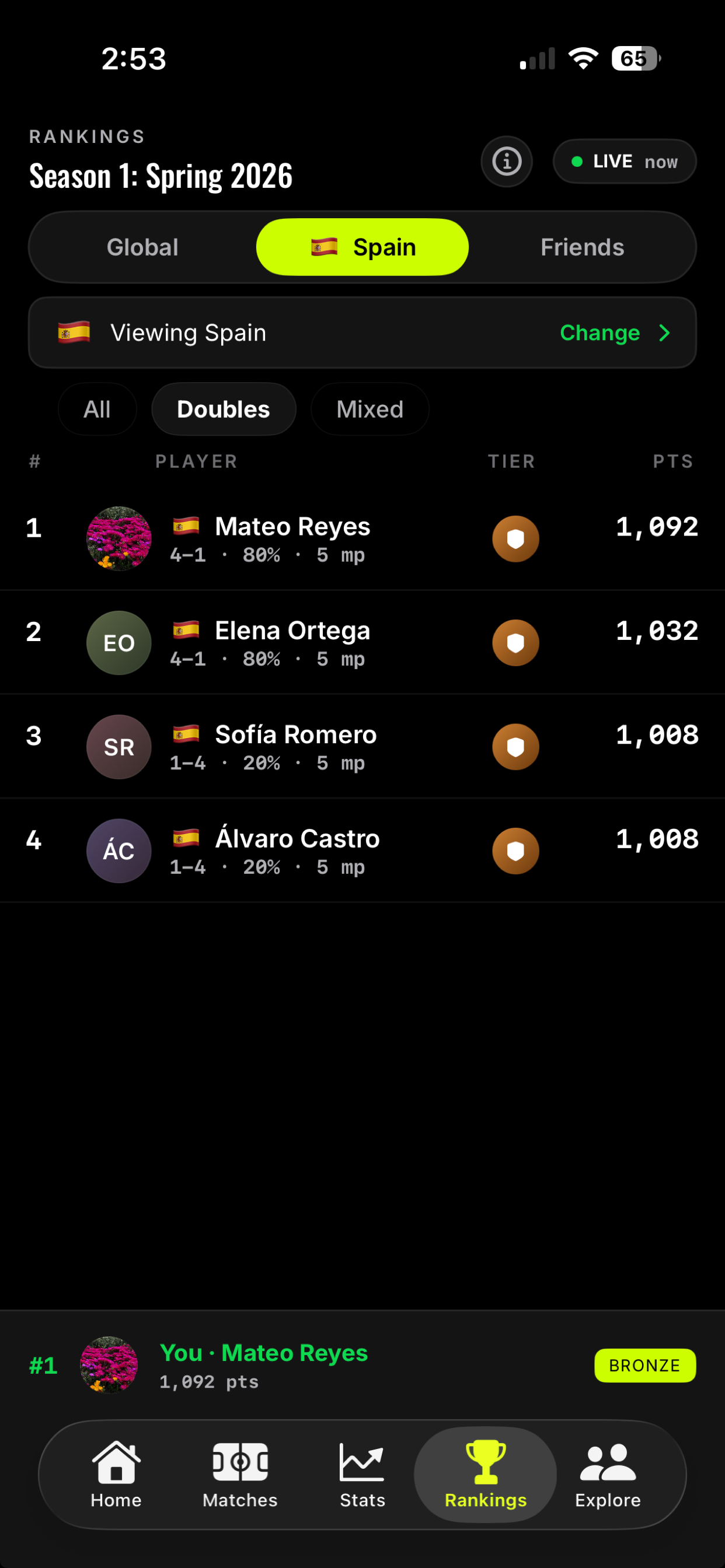 Padel Heroes rankings screen